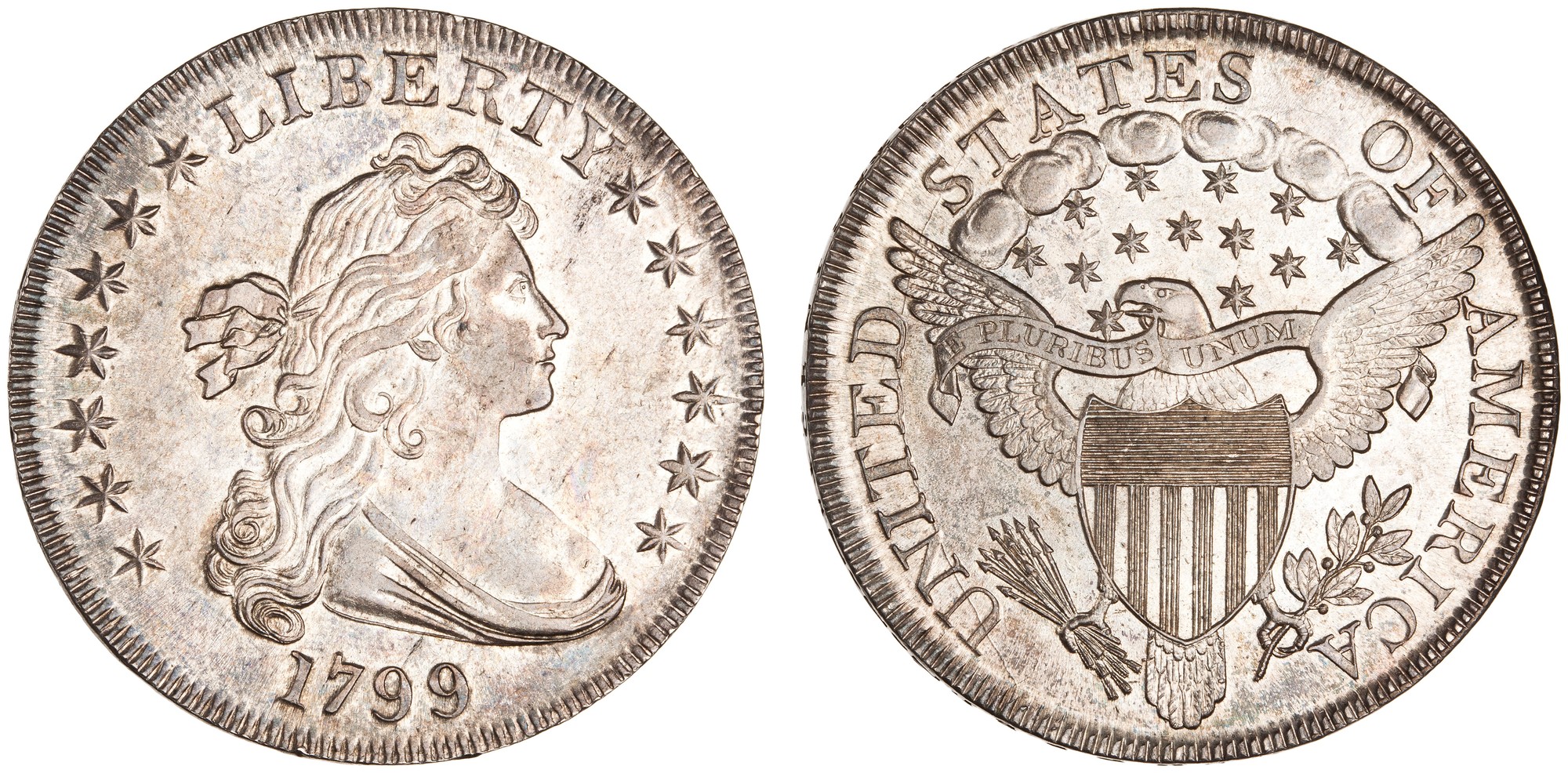 1799 Draped Bust dollar, heraldic eagle, obverse and reverse — American Numismatic Society