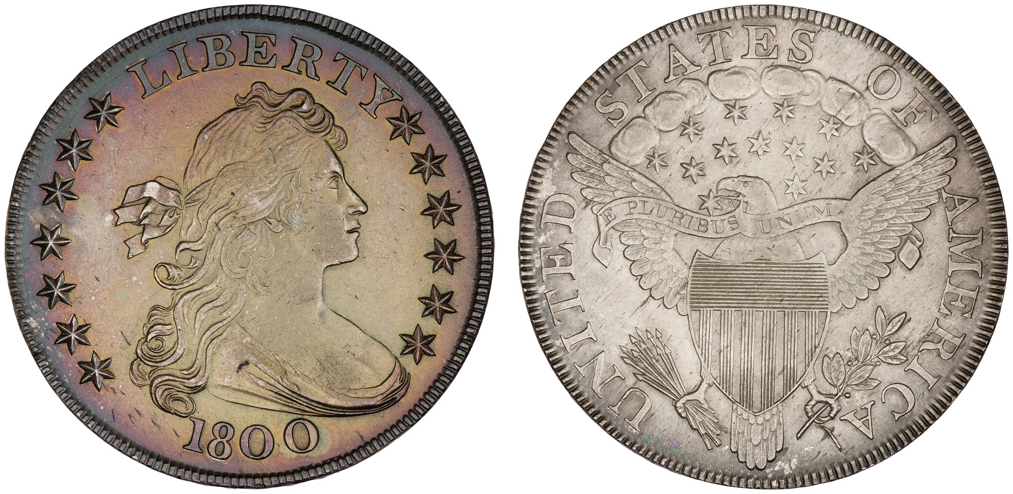 1800 Draped Bust dollar, heraldic eagle, obverse and reverse — American Numismatic Society