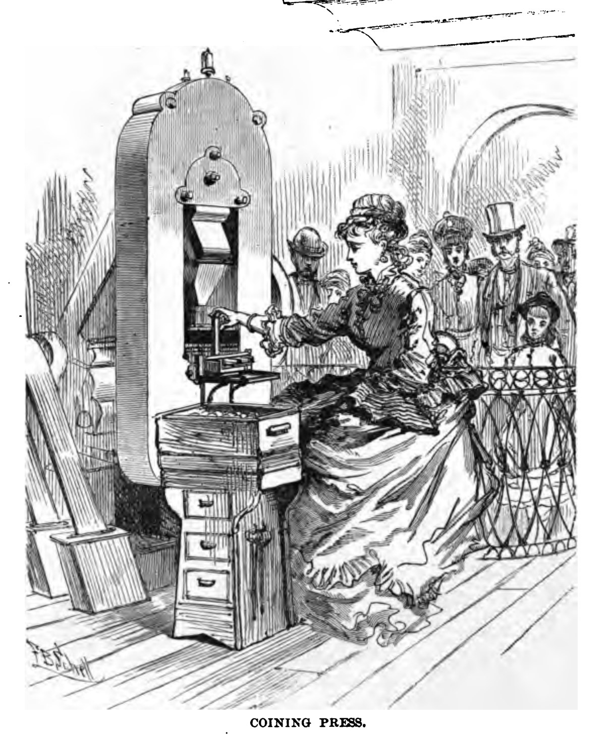 Wood engraving of an operator working a coining press at the Philadelphia Mint, watched by visitors behind a railing