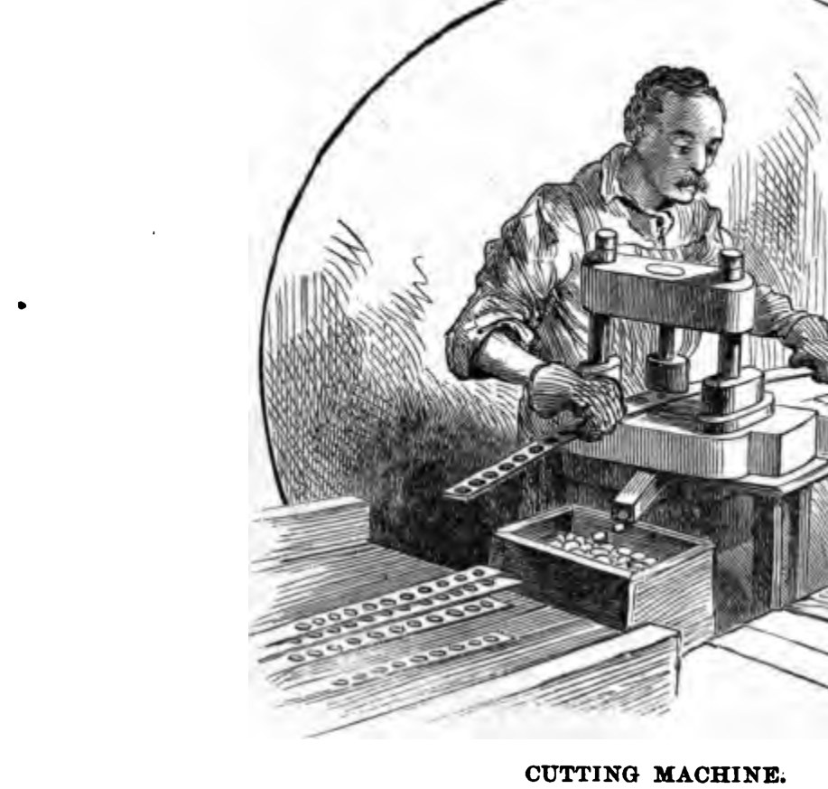 Wood engraving of a workman feeding a metal strip into a planchet cutting machine at the Philadelphia Mint
