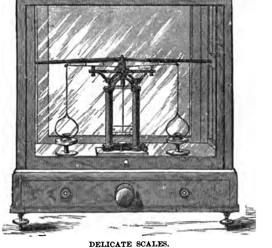 Wood engraving of a precision balance in a glazed case, used in the Philadelphia Mint's adjusting room