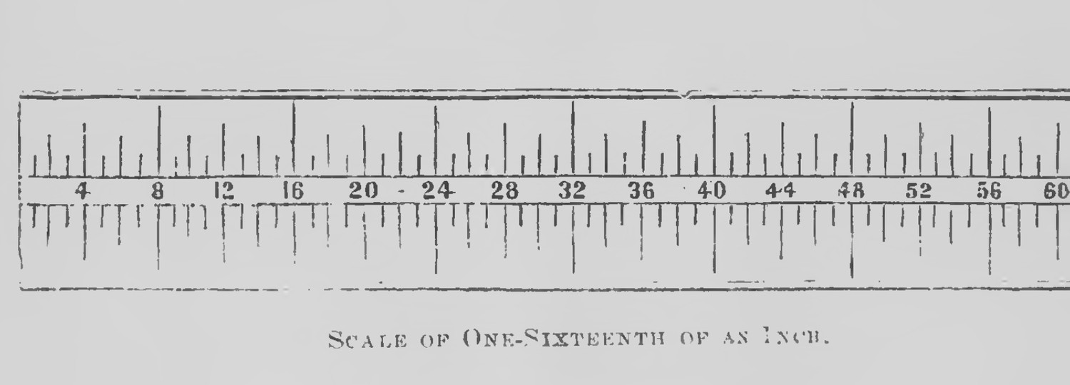 Engraved measuring scale from an 1881 auction catalogue, graduated and numbered from 4 to 60, captioned scale of one-sixteenth of an inch