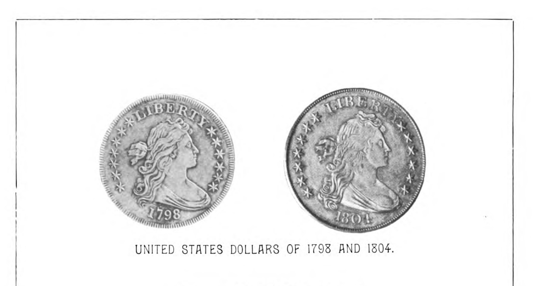Two early United States silver dollars side by side, dated 1798 and 1804, from an 1897 comparison plate