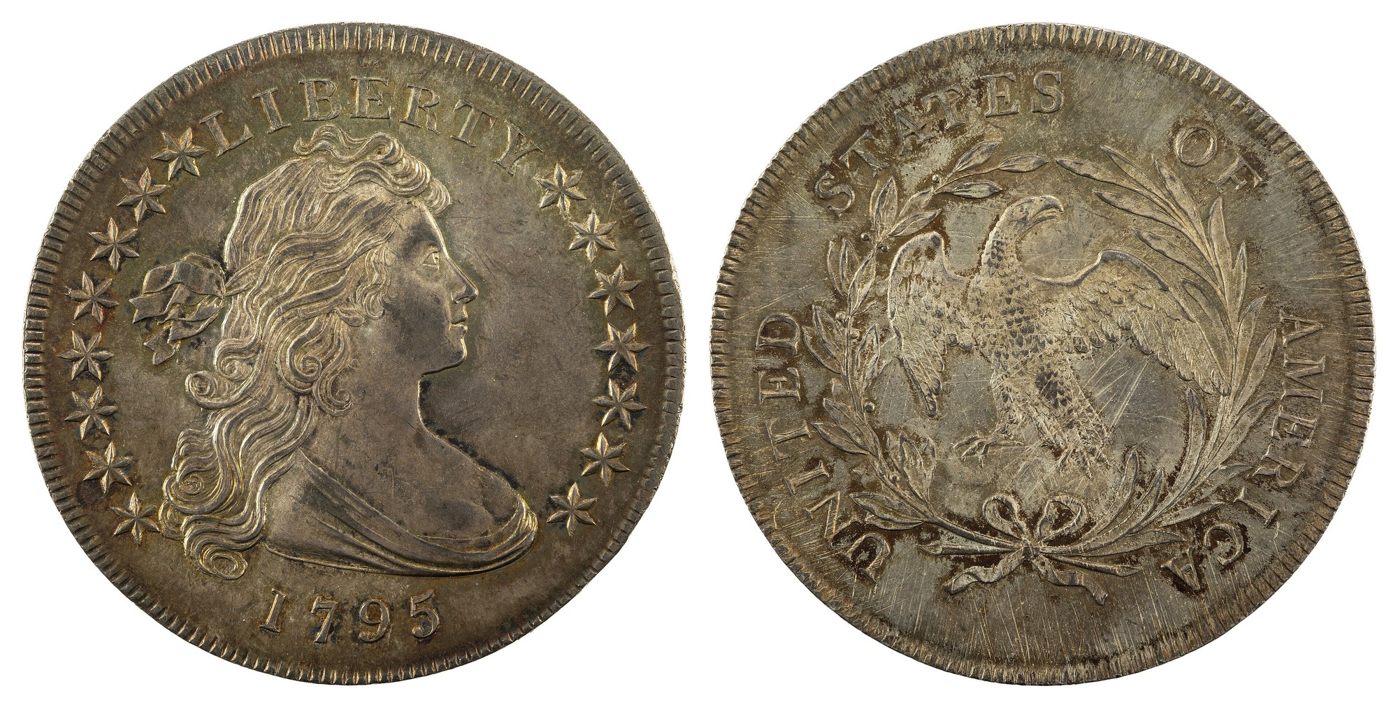 1795 Draped Bust dollar, small eagle, obverse and reverse - National Numismatic Collection