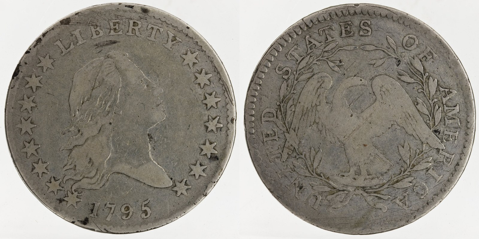 Obverse and reverse of a 1795 Flowing Hair half dollar attributed Overton 1795 O-129
