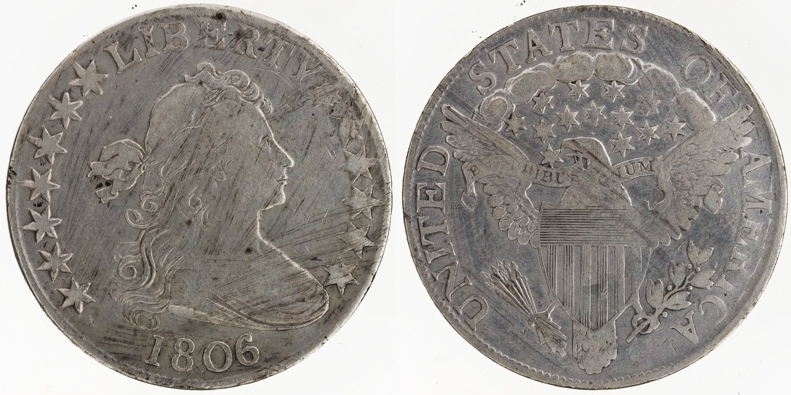 Obverse and reverse of an 1806 over 5 overdate half dollar attributed Overton 1806 O-103
