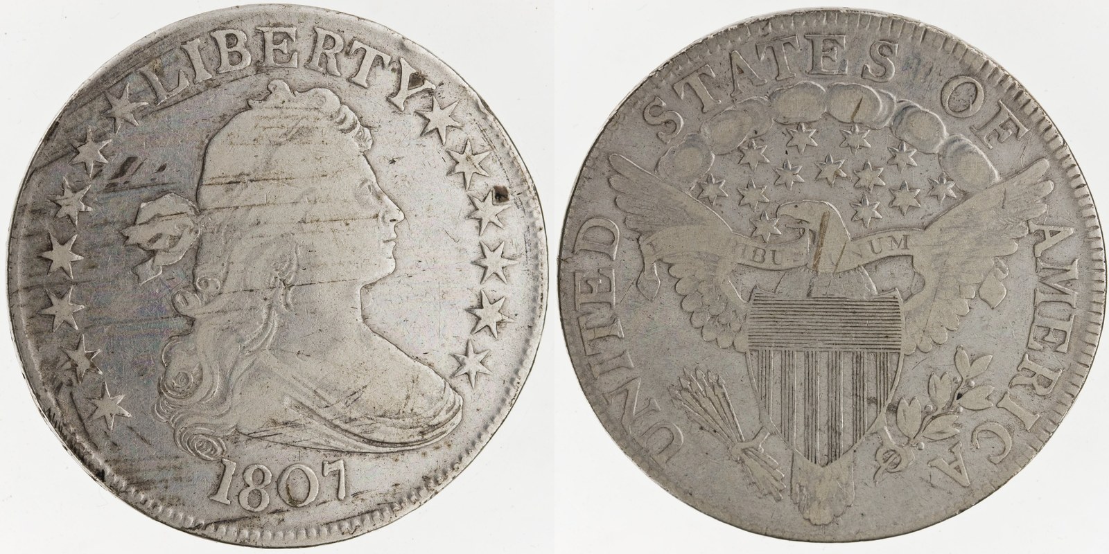 Obverse and reverse of an 1807 Draped Bust half dollar attributed Overton 1807 O-102