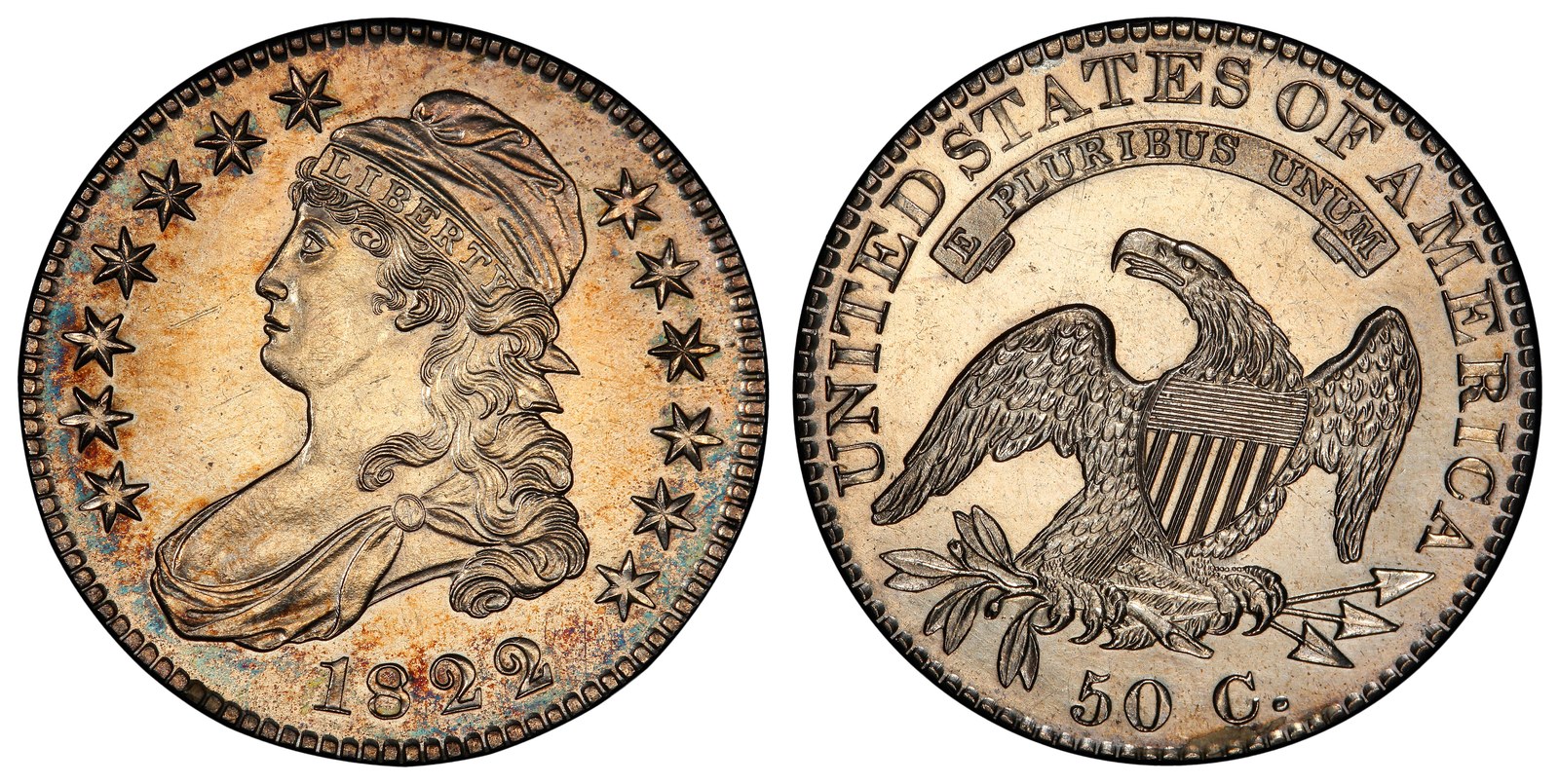 Obverse and reverse of an 1822 Capped Bust half dollar proof striking, deeply toned