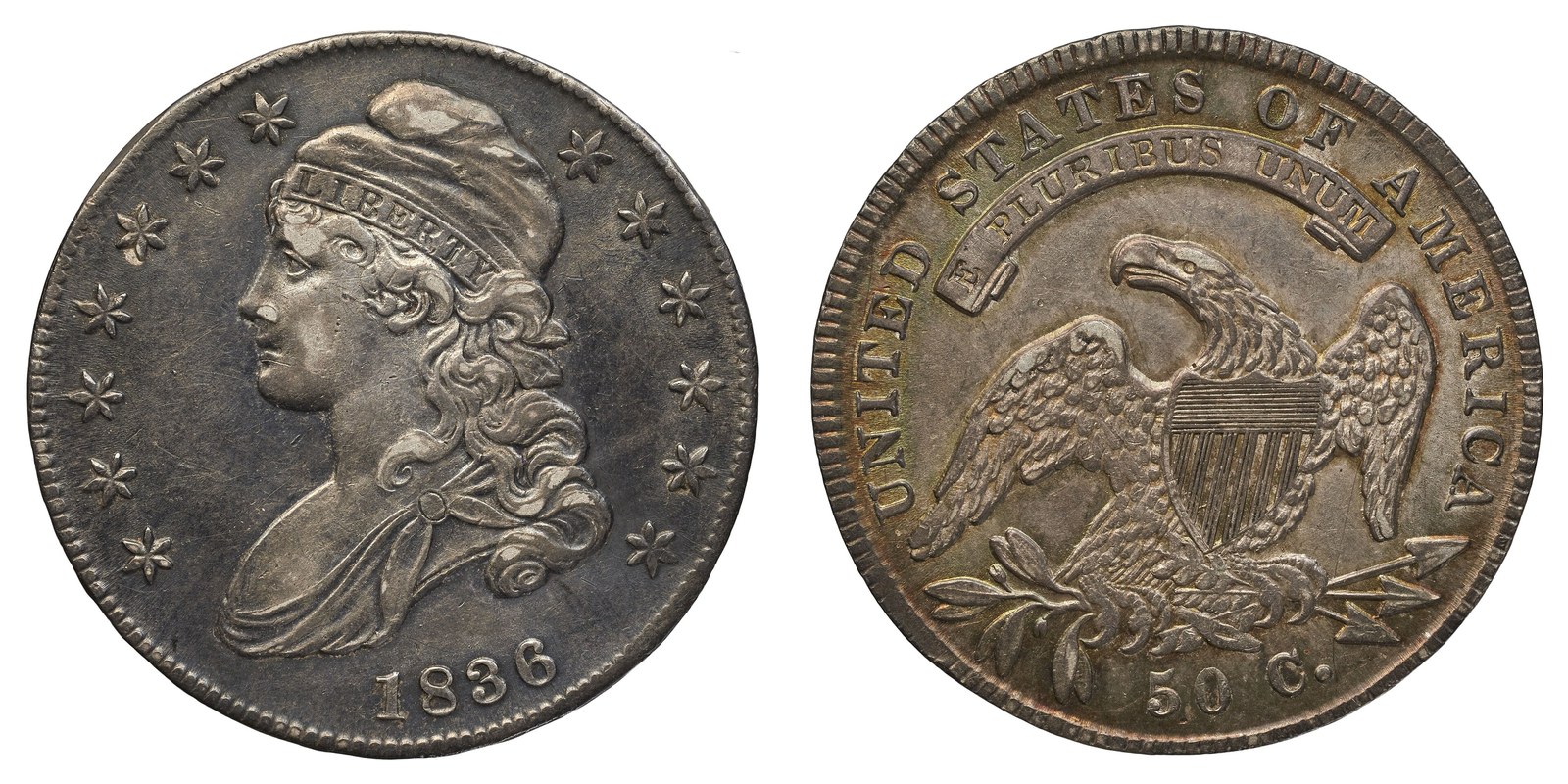 Obverse and reverse of an 1836 Capped Bust half dollar