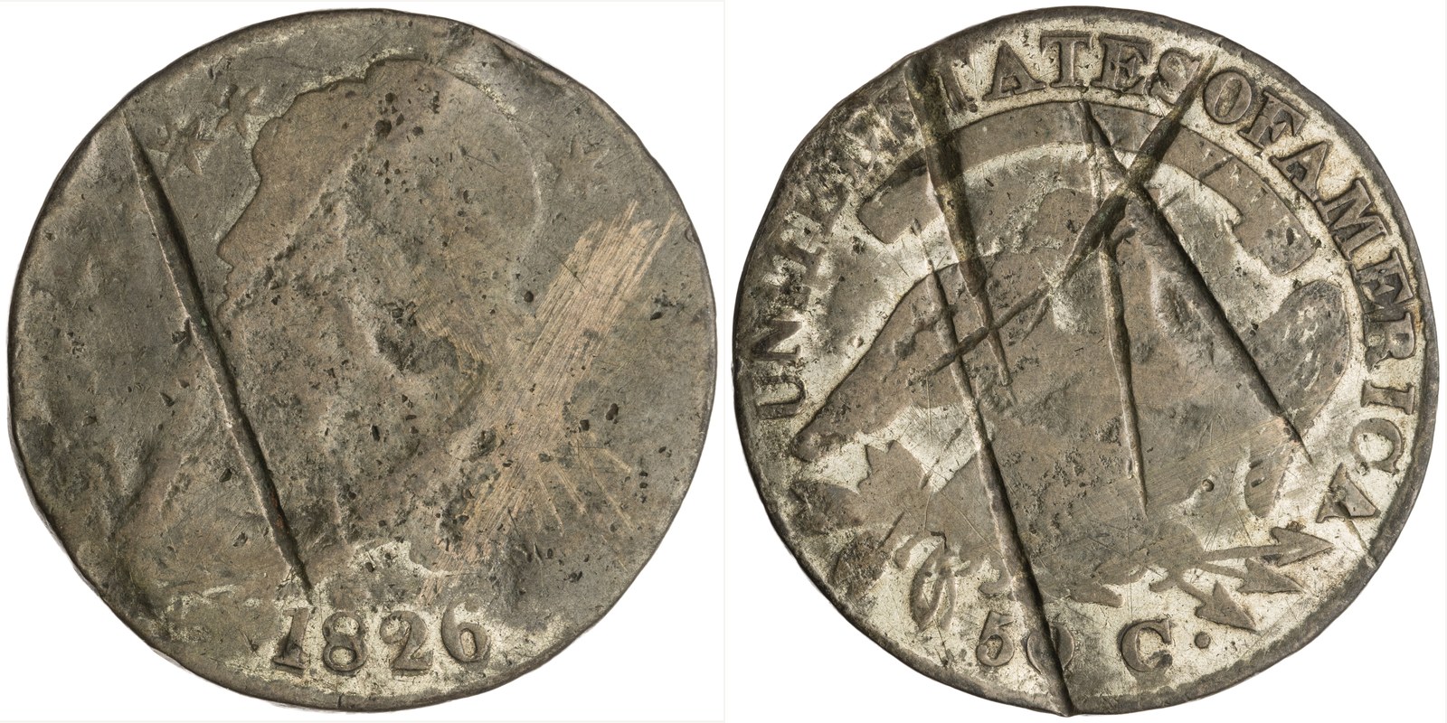 Obverse and reverse of a copper half dollar dated 1826, cancelled, catalogued by the American Numismatic Society
