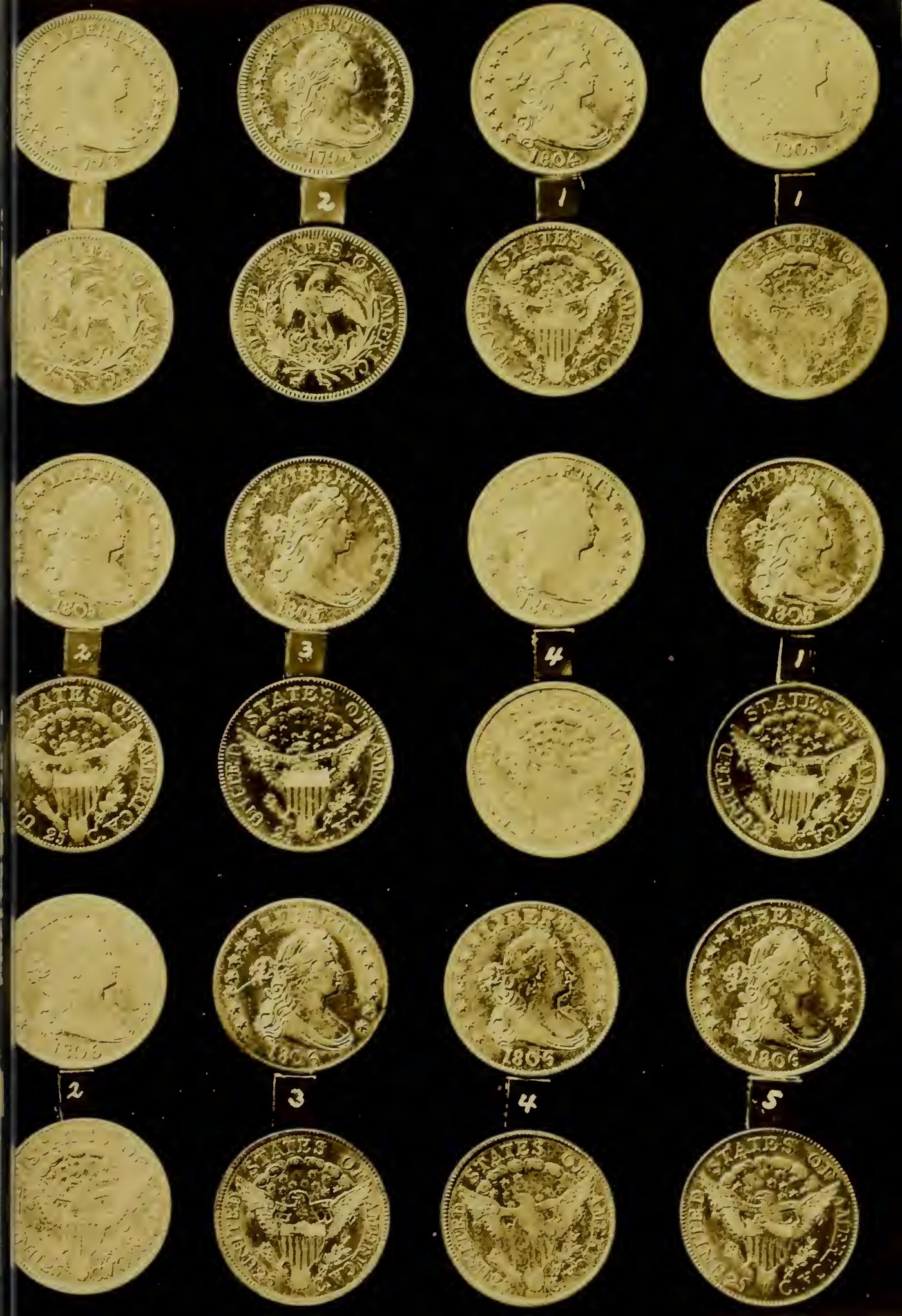 Browning 1925 Plate I — early quarter die varieties: 1796 Nos. 1–2 · 1804 No. 1 · 1805 Nos. 1–4 · 1806 Nos. 1–5, obverse and reverse