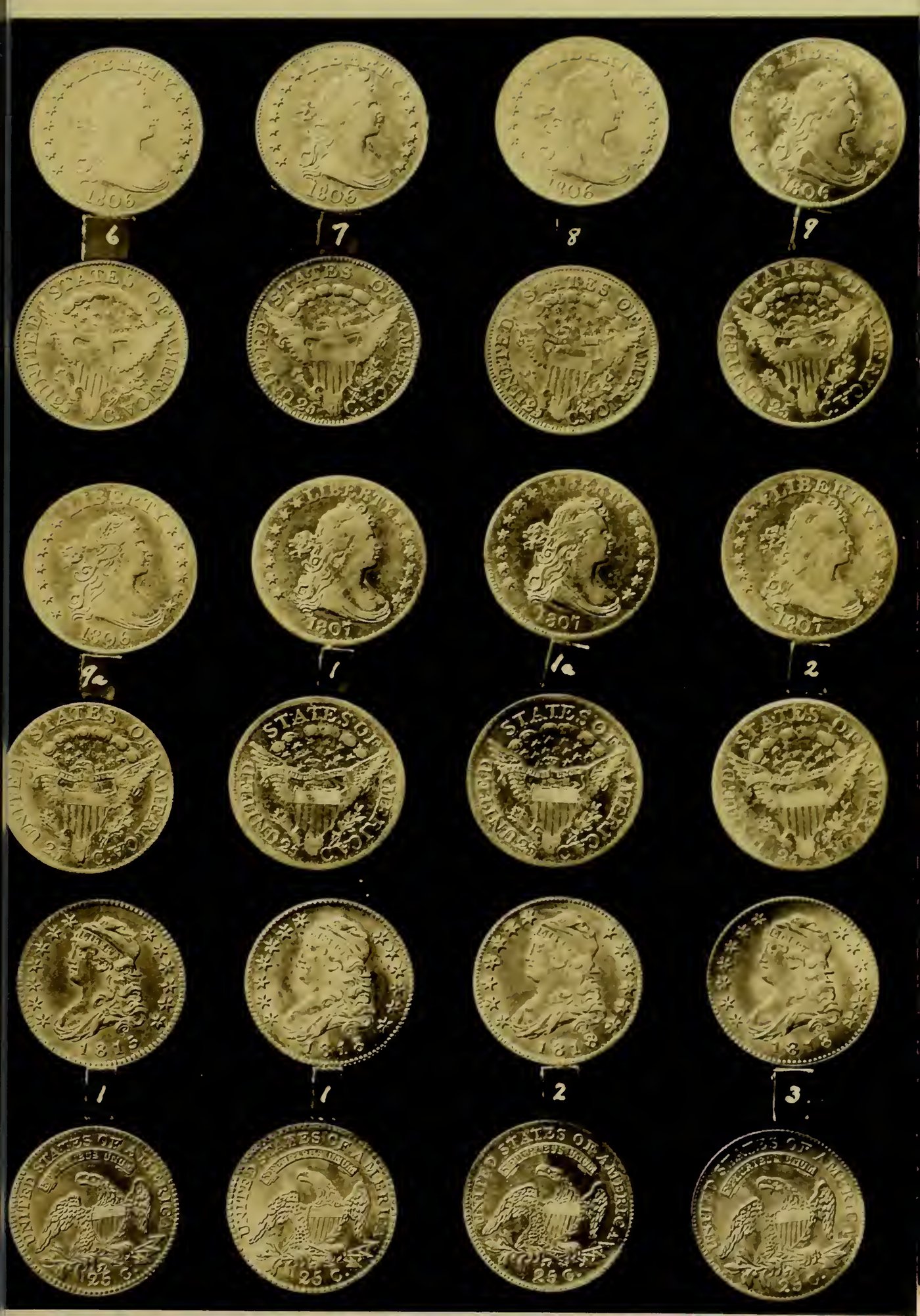 Browning 1925 Plate II — early quarter die varieties: 1806 Nos. 6–9a · 1807 Nos. 1–2 · 1815 No. 1 · 1818 Nos. 1–3