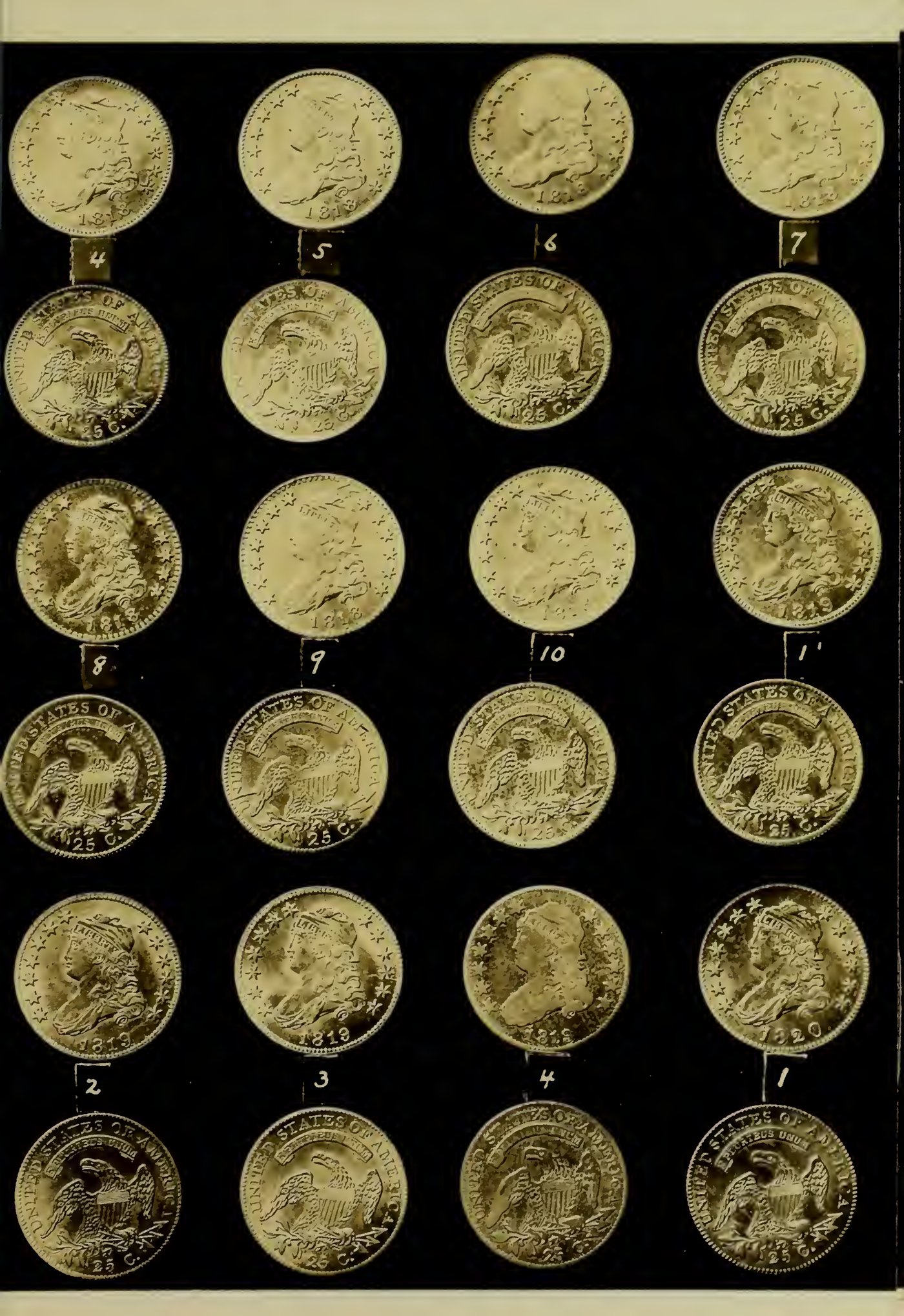 Browning 1925 Plate III — early quarter die varieties: 1818 Nos. 4–10 · 1819 Nos. 1–4 · 1820 No. 1
