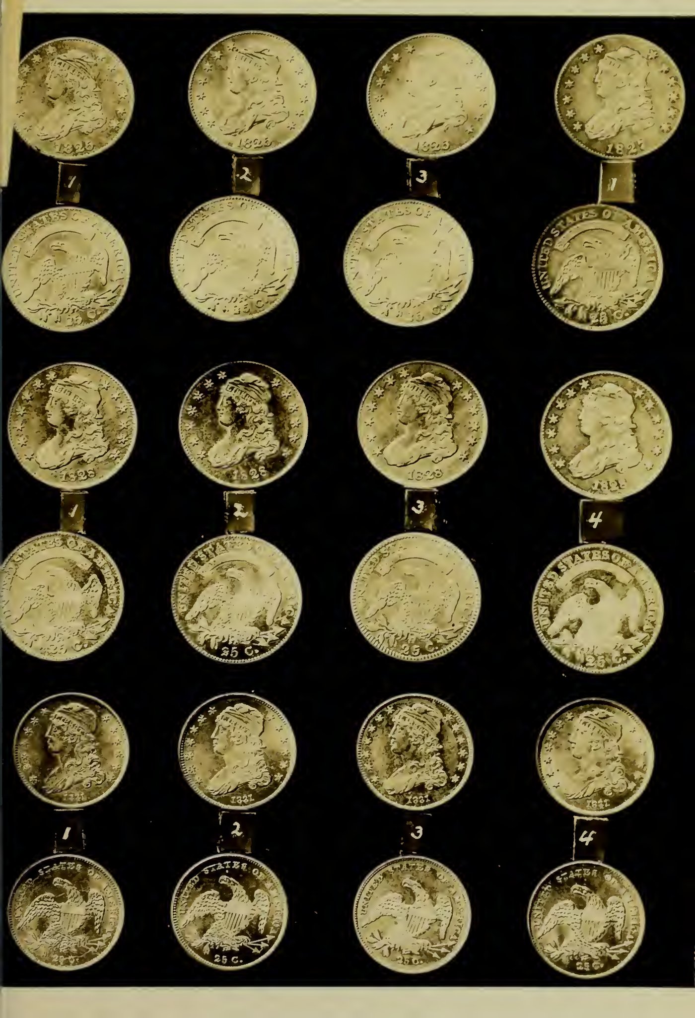 Browning 1925 Plate V — early quarter die varieties: 1825 Nos. 1–3 · 1827 (the plate coin of the Original census) · 1828 Nos. 1–4 · 1831 Nos. 1–4