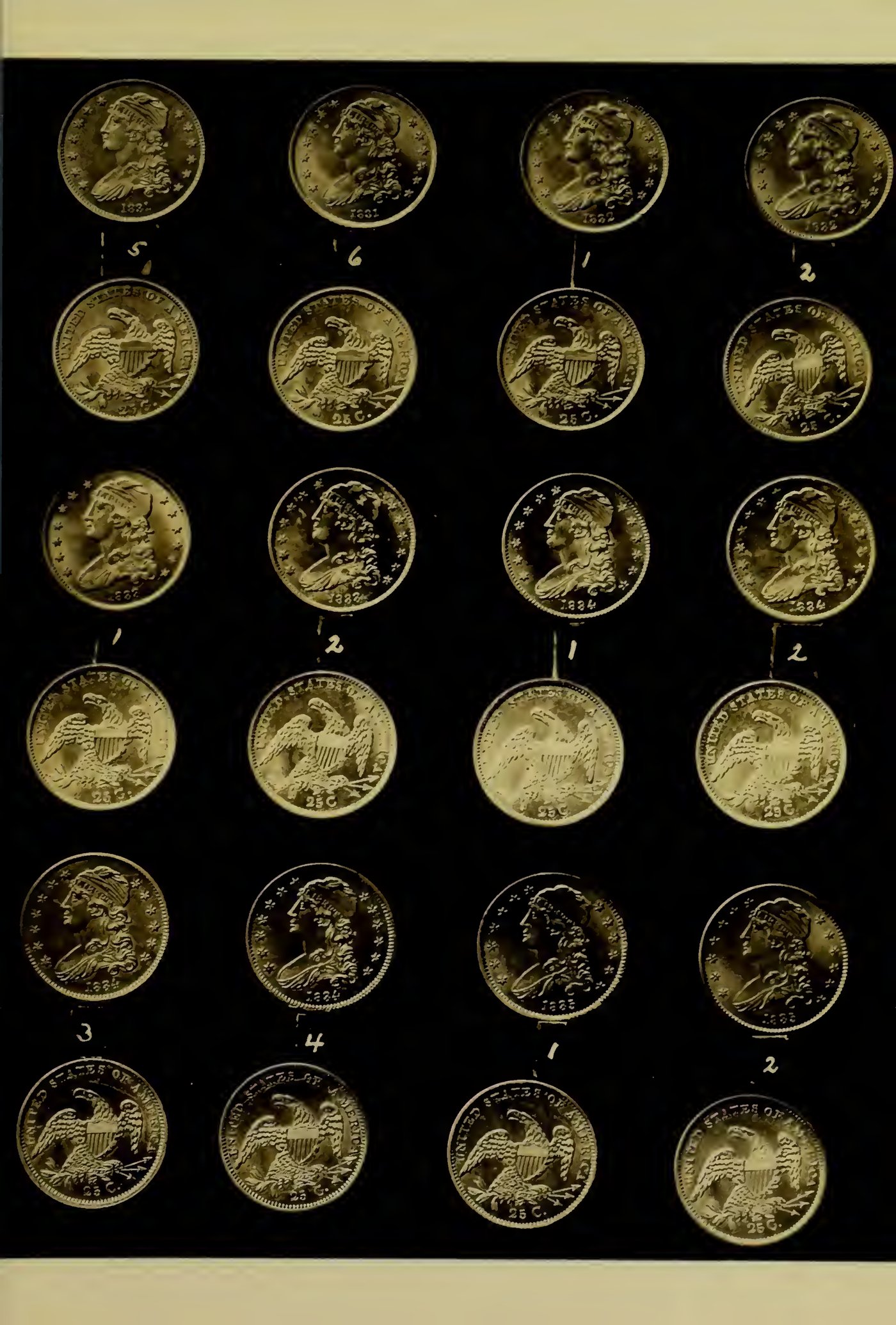 Browning 1925 Plate VI — early quarter die varieties: 1831 Nos. 5–6 · 1832 · 1833 · 1834 · 1835 Nos. 1–2