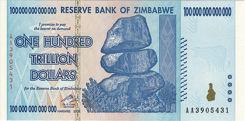 Zimbabwe 100 trillion dollar banknote